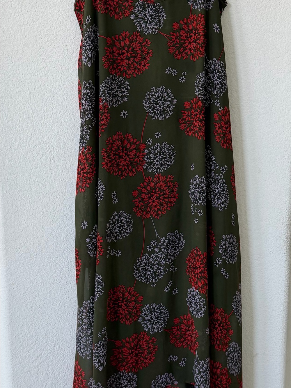 Olive Floral Hi- low dress  with Red & Gray Blooms